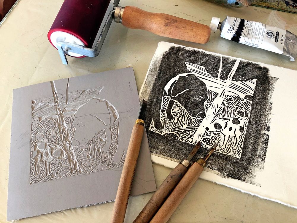 AW lino cut dogs image W